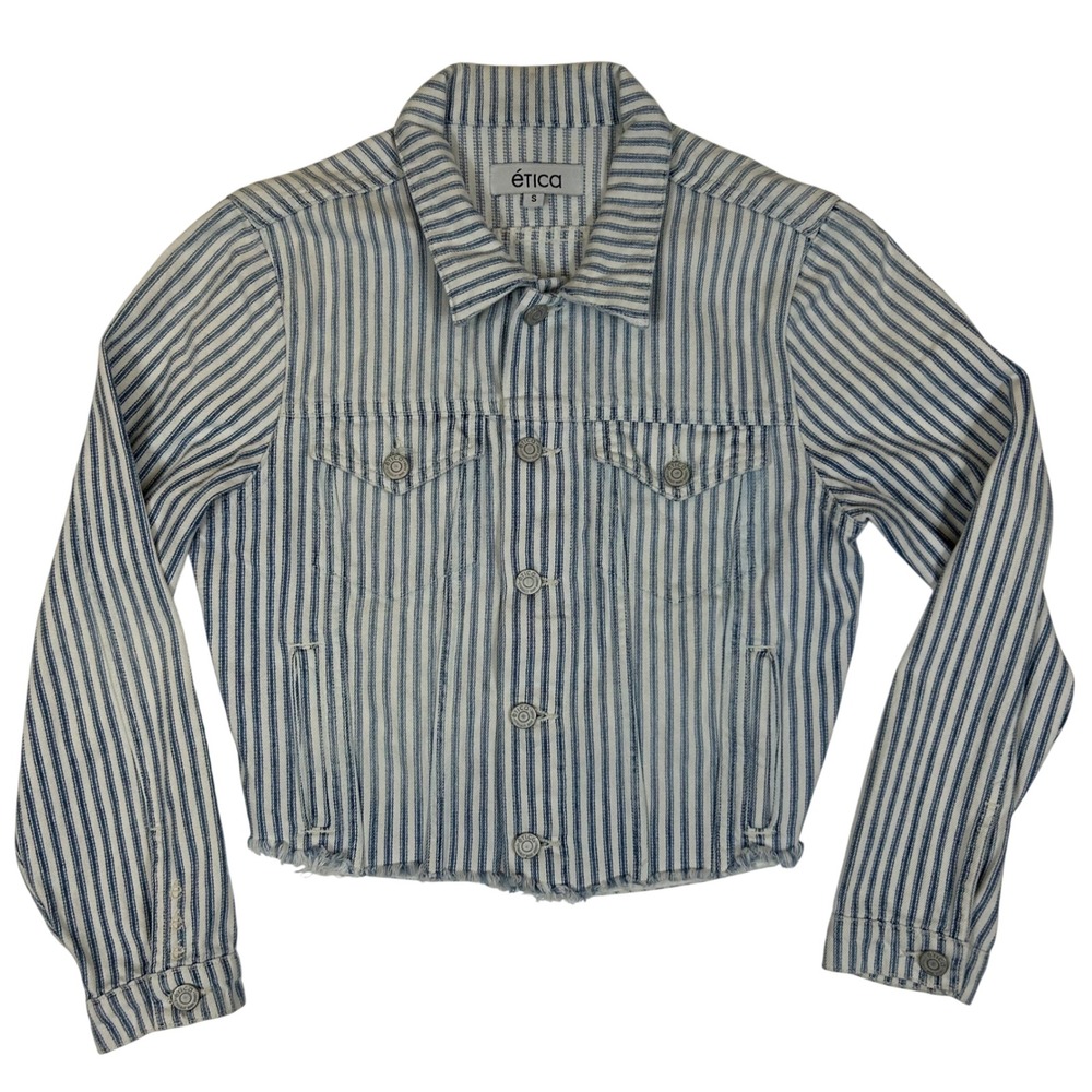 Etica Womens Blue White Hickory Stripe Cropped Denim Jacket Raw Hem Sm RN158702
